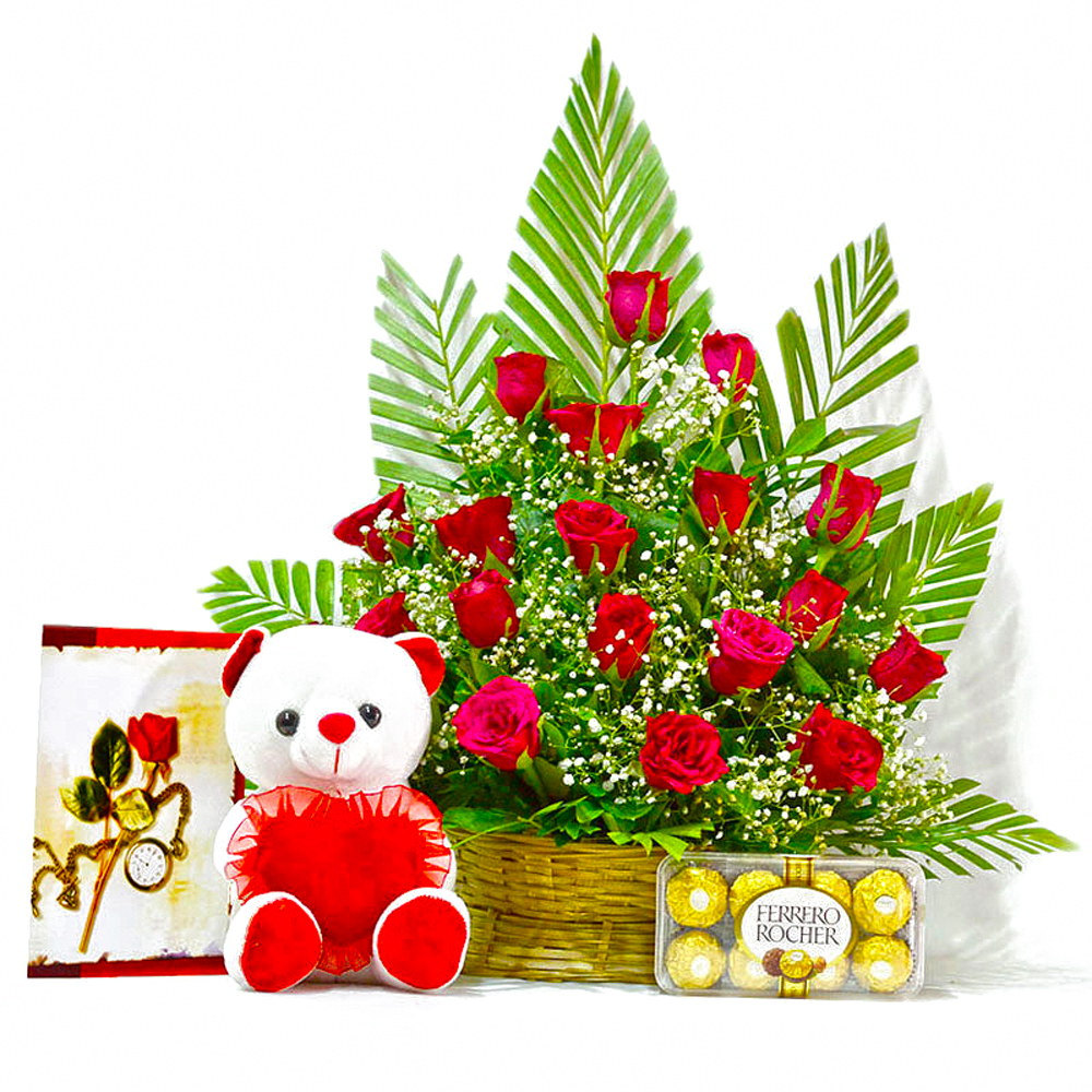 Red Roses Arrangement with Chocolates, Greeting Card and Sof Toy