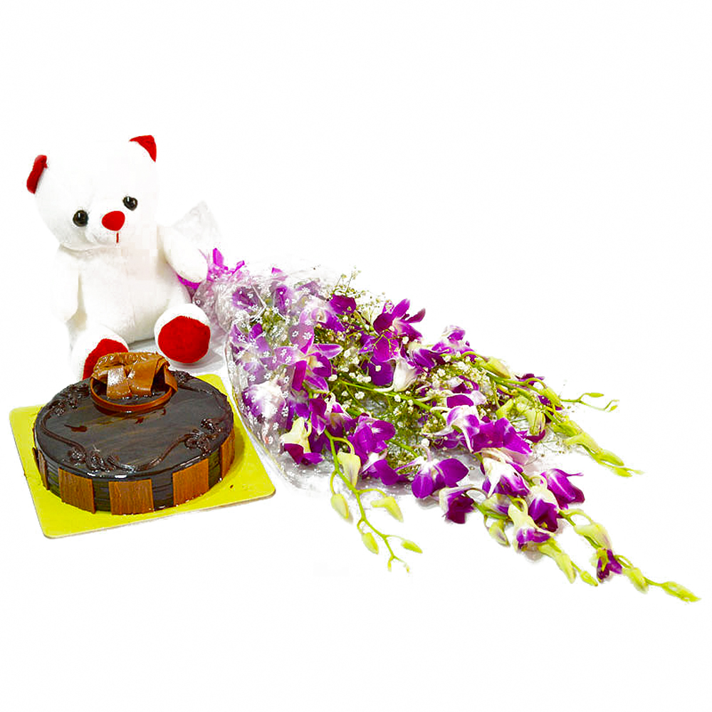 Six Purple Orchids with Cute Teddy and Yummy Chocolate Cake