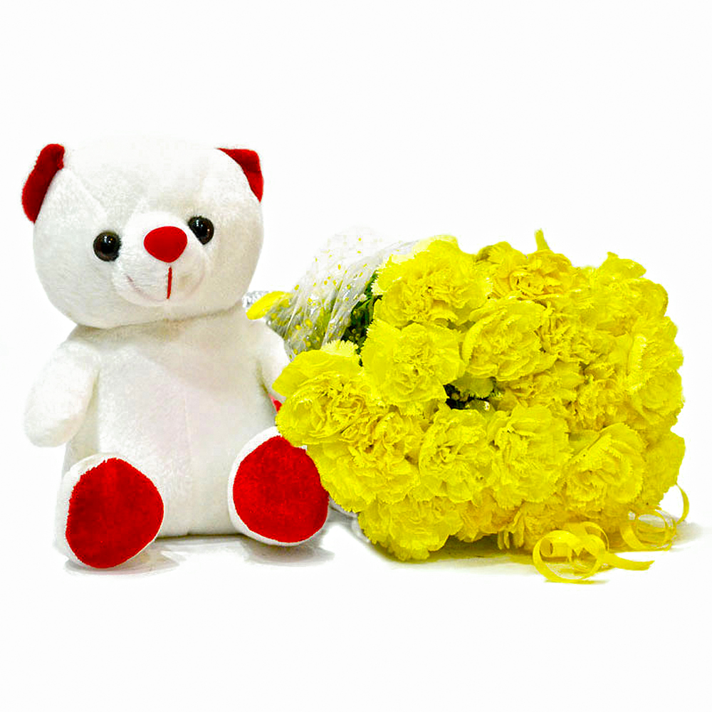 Fifteen Yellow Carnations Bouquet with Soft Toy