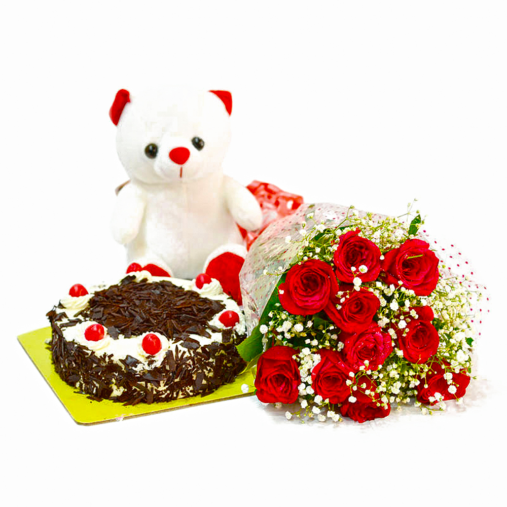 Ten Red Rose with Eggless Black Forest Cake and Soft Toy