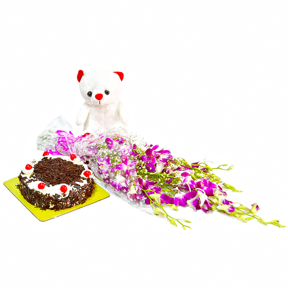 Six Purple Orchids with Blackforest cake and Soft Toy