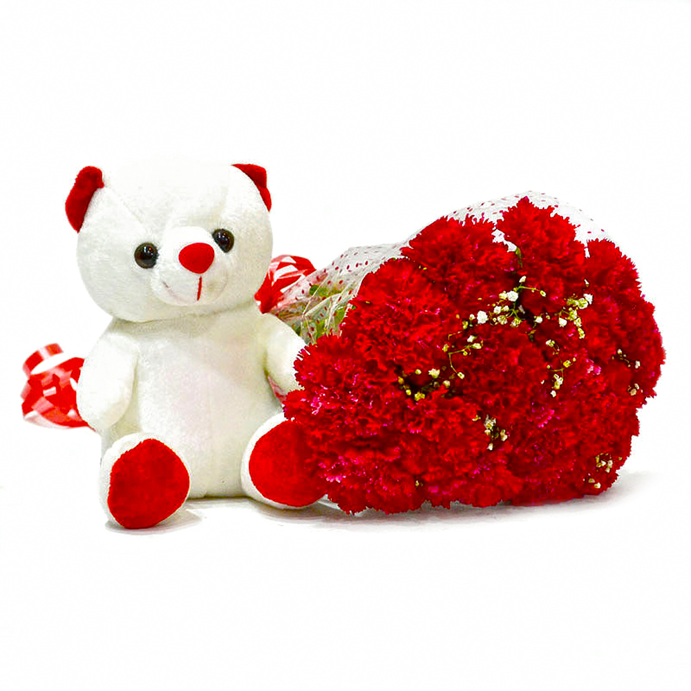 Fifteen Red Carnations Bouquet with Cuddly Bear