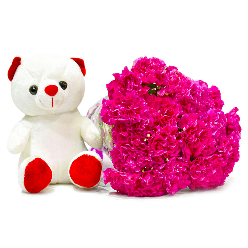 Fifteen Pink Carnations Bunch with Cuddly Bear