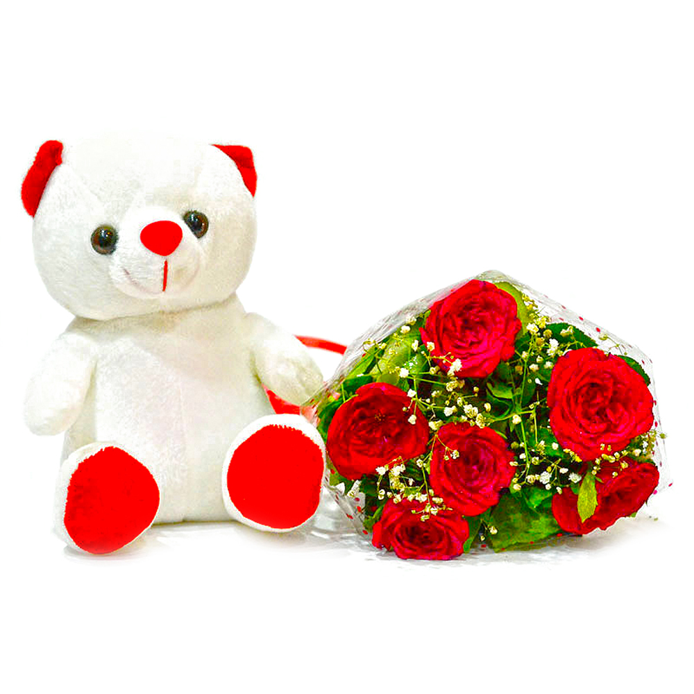 Bouquet of Six Red Roses with cute Soft Toy