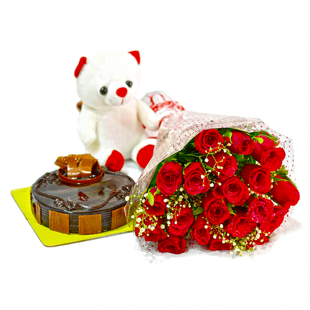 Bouquet of 20 Red Roses with Cute Teddy and Chocolate Cake