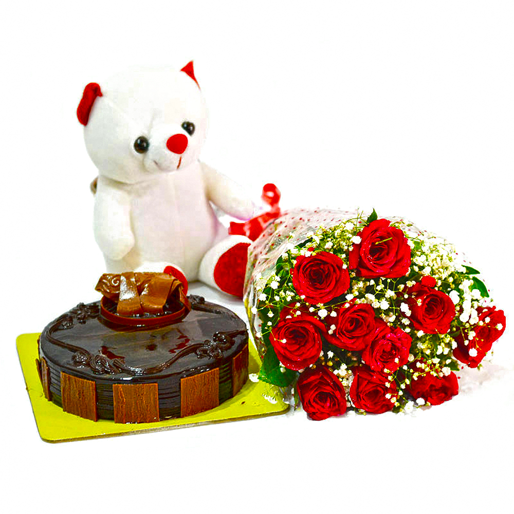 Bunch of 10 Red Roses with Cute Teddy and Half Kg Chocolate Cake