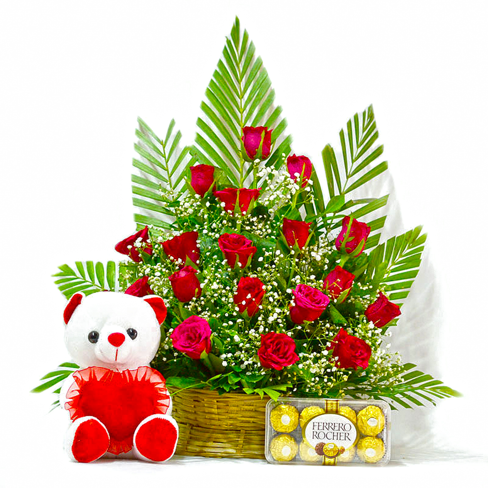 Basket of 20 Red Roses with Ferrero Rocher Chocolates and Teddy Bear