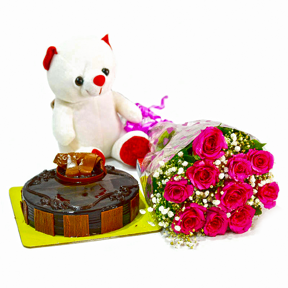 Bouquet of 10 Pink Roses with Cute Teddy and Half Kg Chocolate Cake