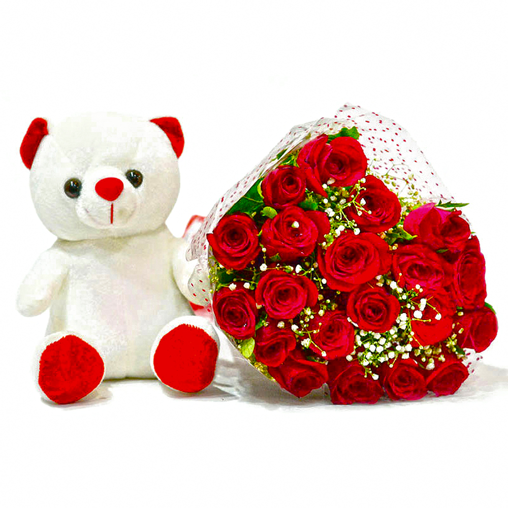 Bouquet of Twenty Red Roses with Soft Toy