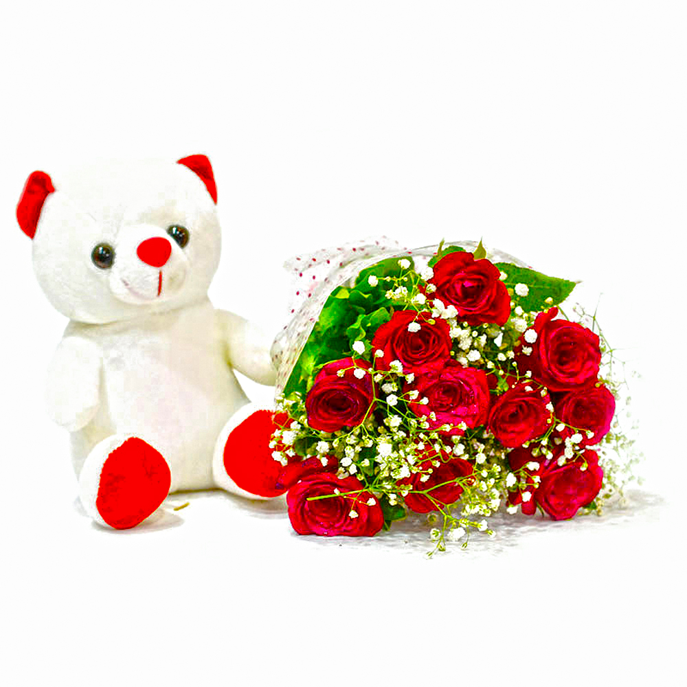 Bouquet of Ten Red Roses with Cute Teddy Bear