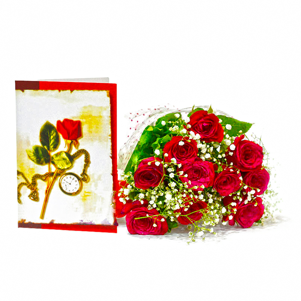 Ten Red Roses Bouquet with Greeting Card