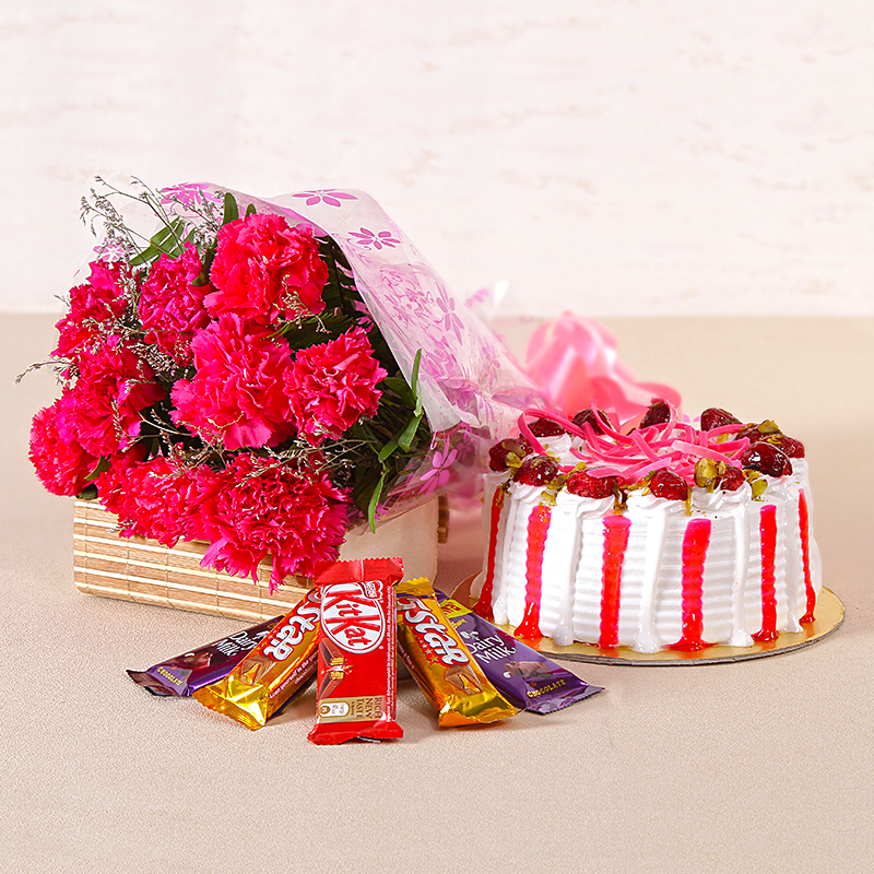 Flower Combo of Carnations, Cakes and Chocolates