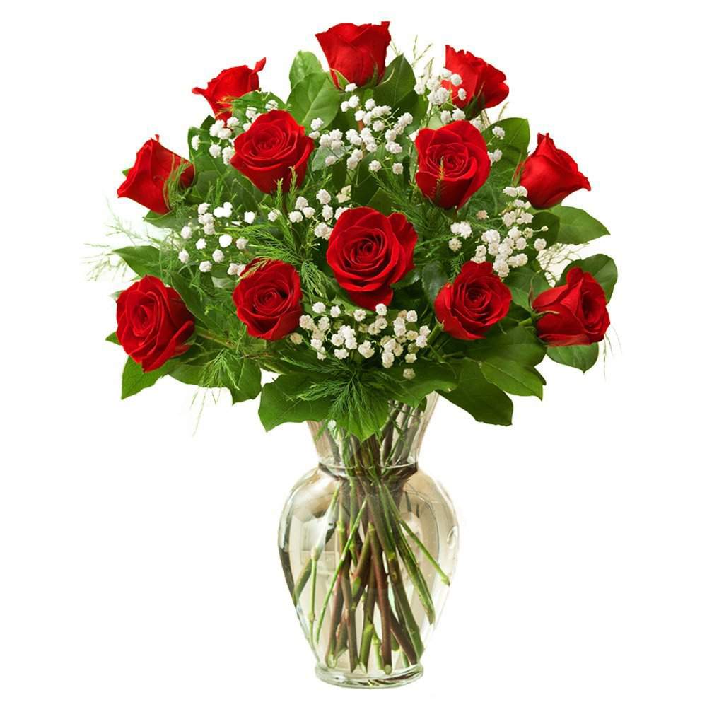 Twelve Red Roses In Glass Vase