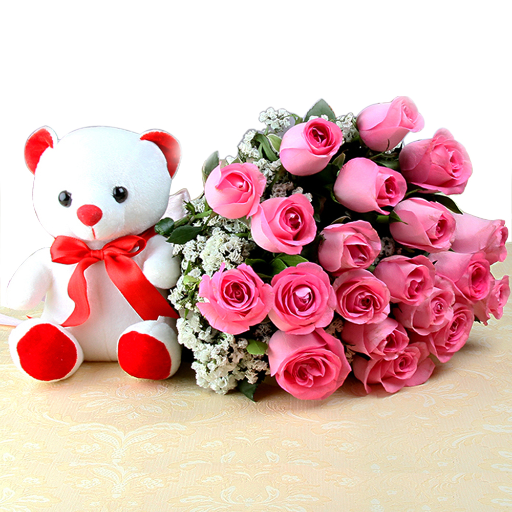 Exclusive Bunch of Pink Roses with Small Teddy Bear