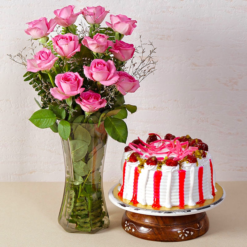 Strawberry Cake with Dozen Pink Roses in a Glass Vase