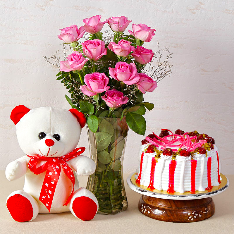 Pink Roses Vase with Strawberry Cake and Teddy Bear