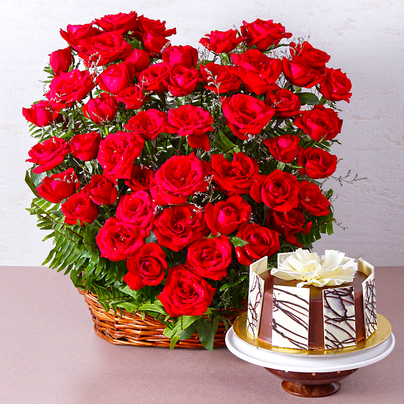 Arrangement of 50 Red Roses with Half Kg Chocolate Cake