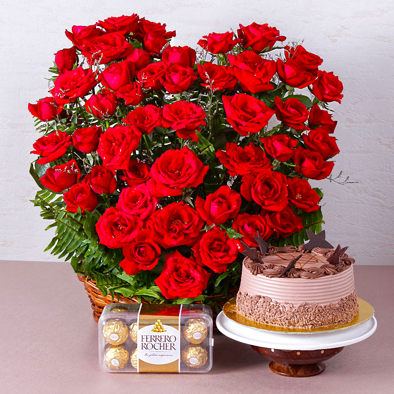 Romantic Treat of Cake, Roses and Chocolates