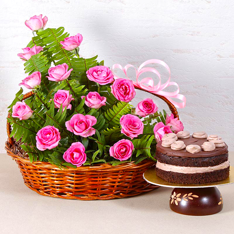 Basket Arrangement of 18 Pink Roses with Fresh Cream Chocolate Cake