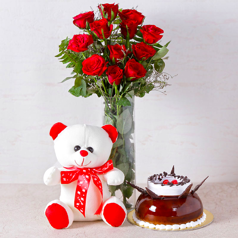 Red Roses Vase with Chocolate Vanilla Cake and Teddy Bear