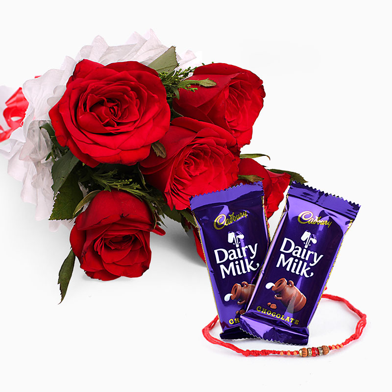 Single Rakhi and Roses Bouquet with Chocolates
