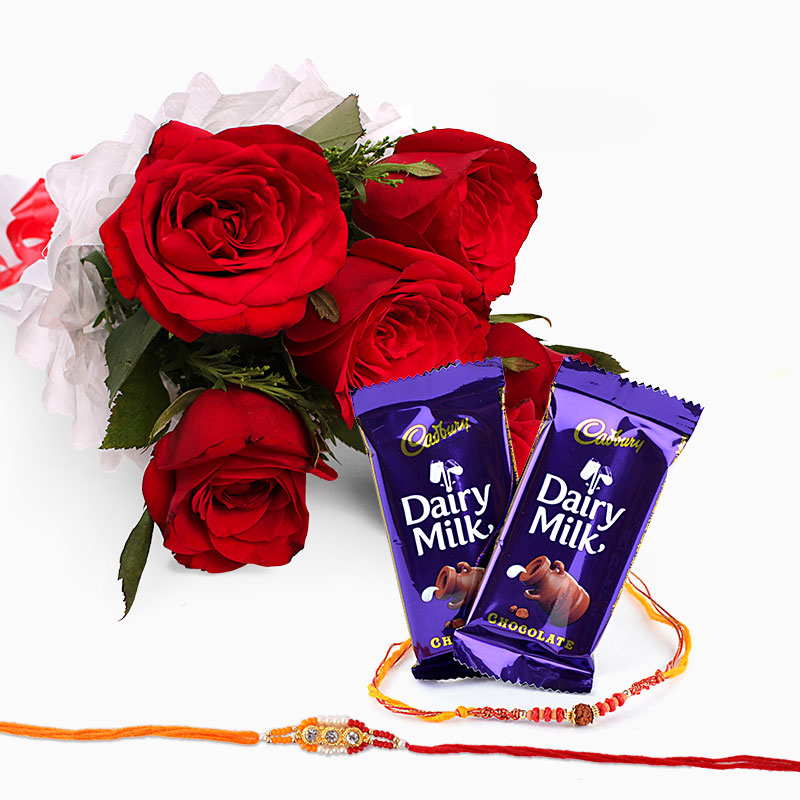 Bouquet of 6 Red Roses and Dairy Milk with Set of Two Rakhi