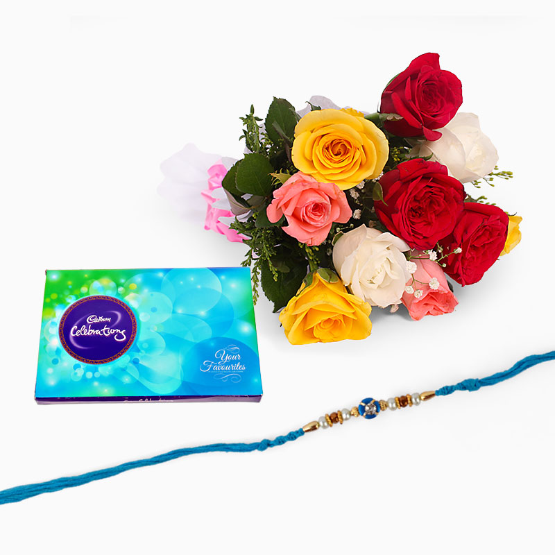 Mix Roses Bouquet with Celebration Pack and Rakhi