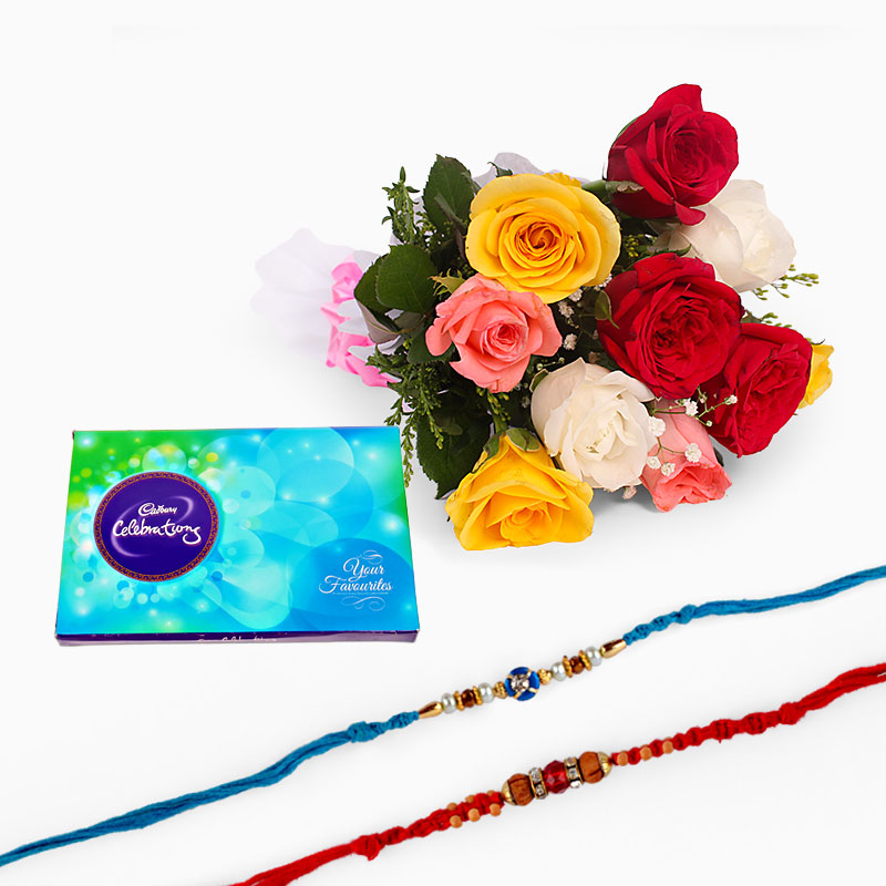 Bouquet of 10 Mix Roses and Celebration Pack with Two Rakhi