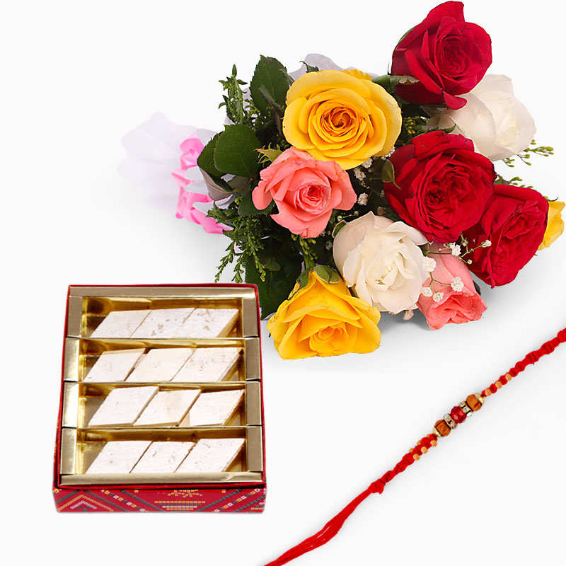 10 Mix Roses and Kaju Katli with Rakhi