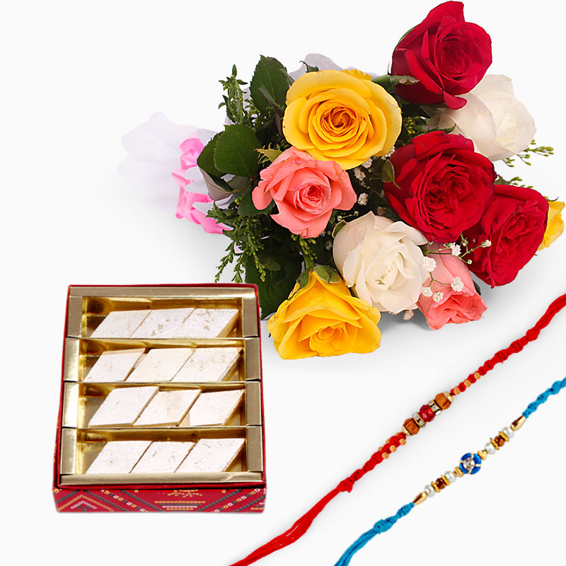 Mix Roses Bouquet with Sweets and Set of Two Rakhis