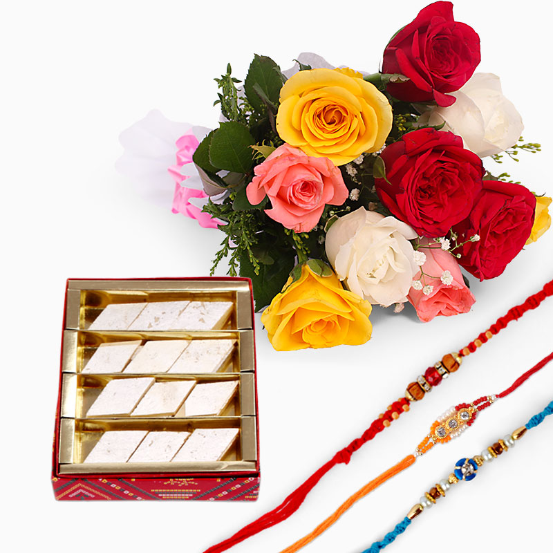 Bouquet of Mix Roses with Kaju Katli and Set of Three Rakhis