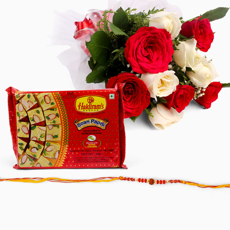 Bouquet of 10 Roses with Soan Papdi and Rakhi