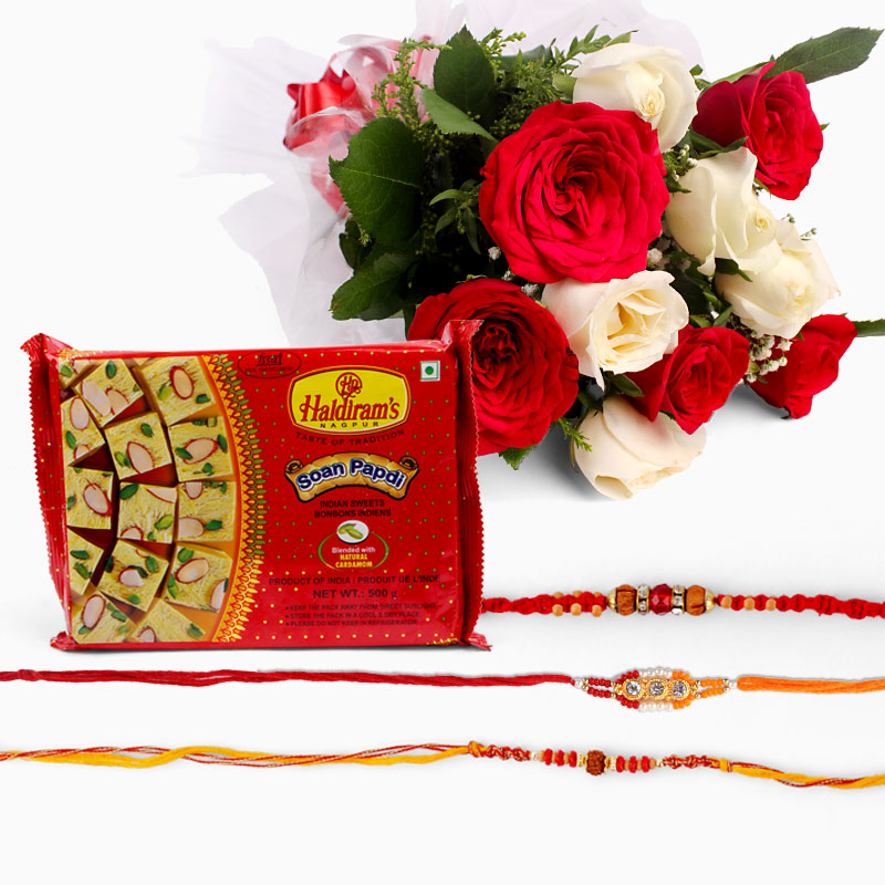 Bouquet of 10 White and Red Roses with Soan Papdi  and Set of 3 Rakhi