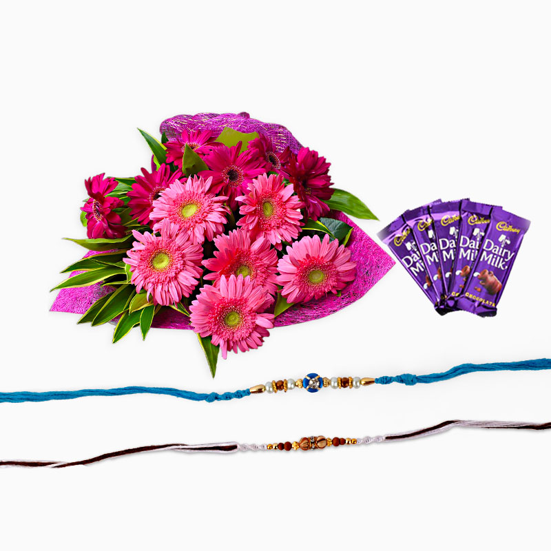 Set of Two Rakhi with 12 Gerberas and Chocolate