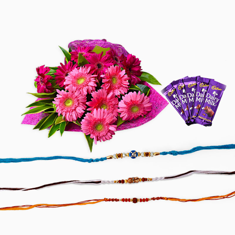 Bouquet of 12 Gerberas with Chocolate and Rakhi