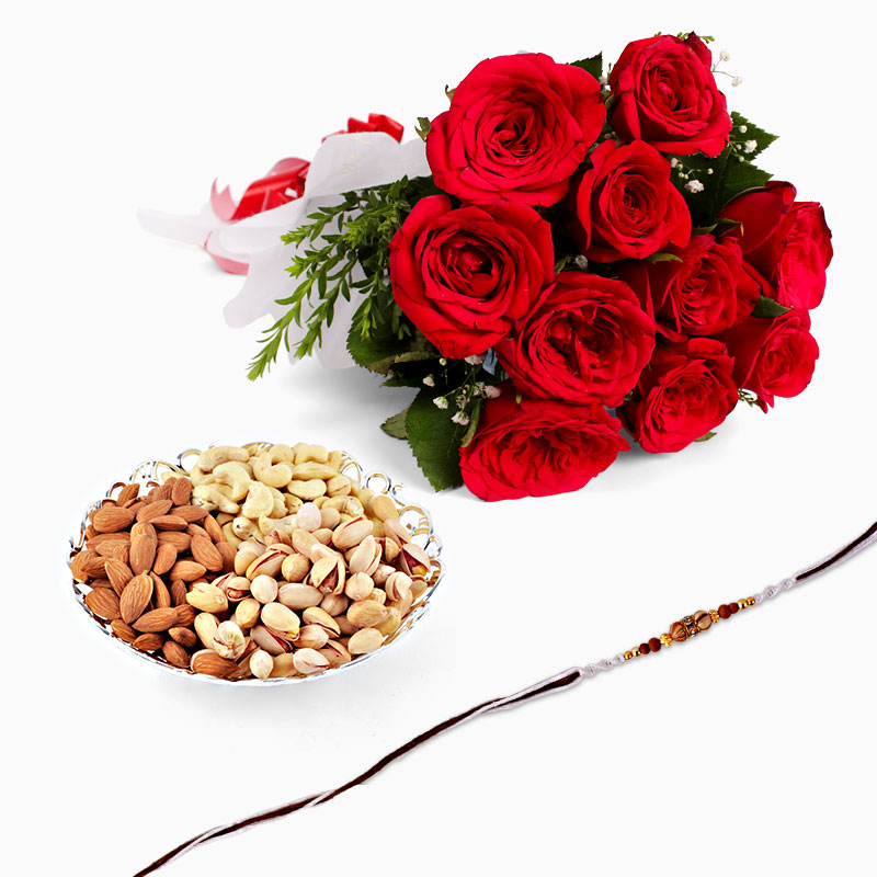 Rakhi with Red Roses and Mix Dryfruits