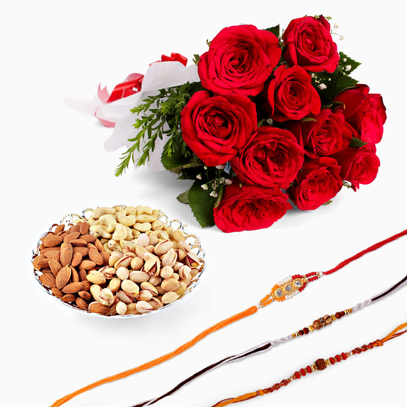 Red Roses and Dryfruits with Set of Three Rakhi