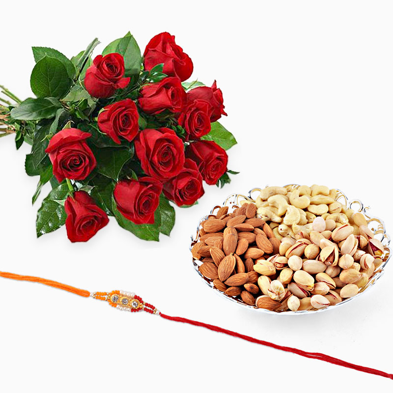 Bouquet Roses with Rakhi and Dry Fruits
