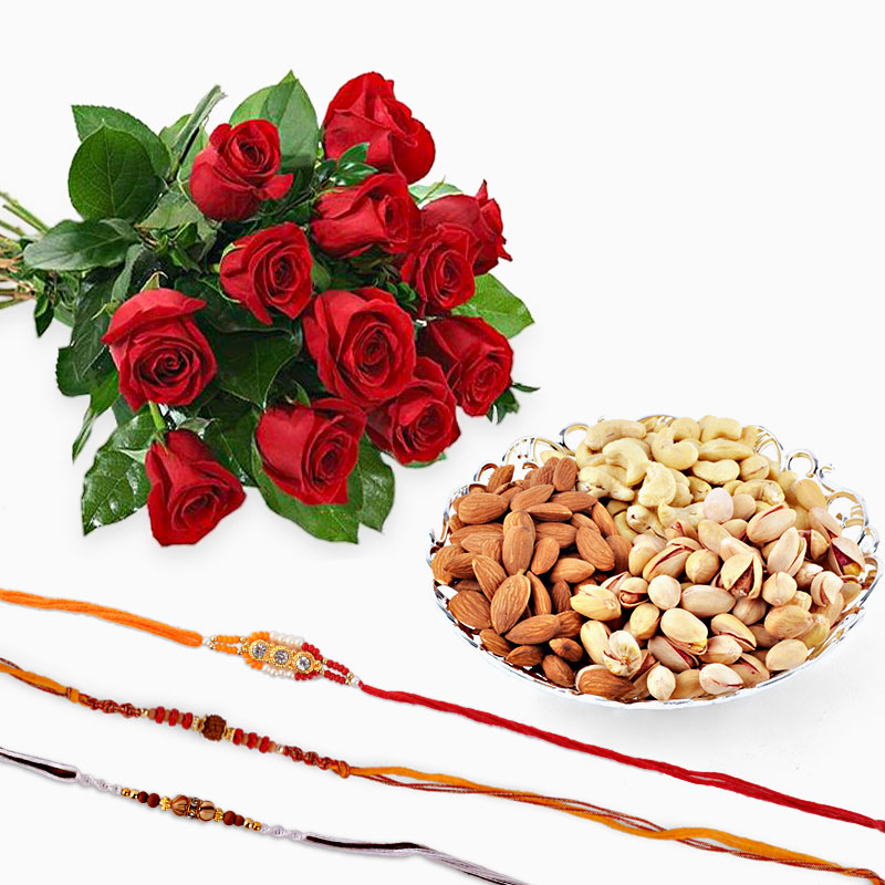 Bouquet of Red Roses with Mix Dryfruits and Three Rakhi