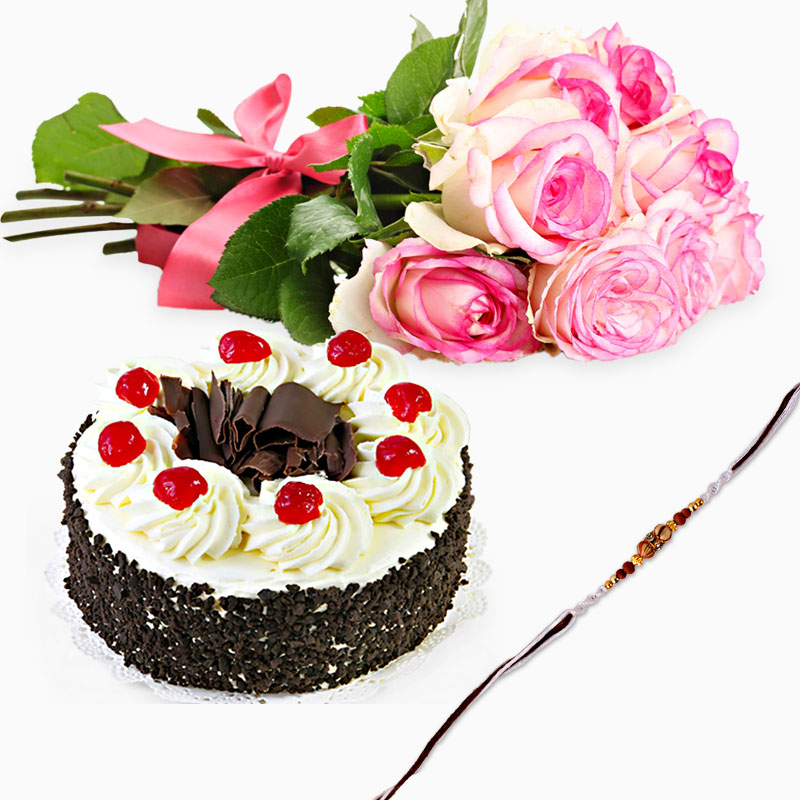 Black Forest Cake with Pink Roses and Rakhi