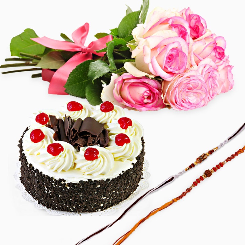 Set of Two Rakhi with Black Forest Cake and 6 Pink Roses