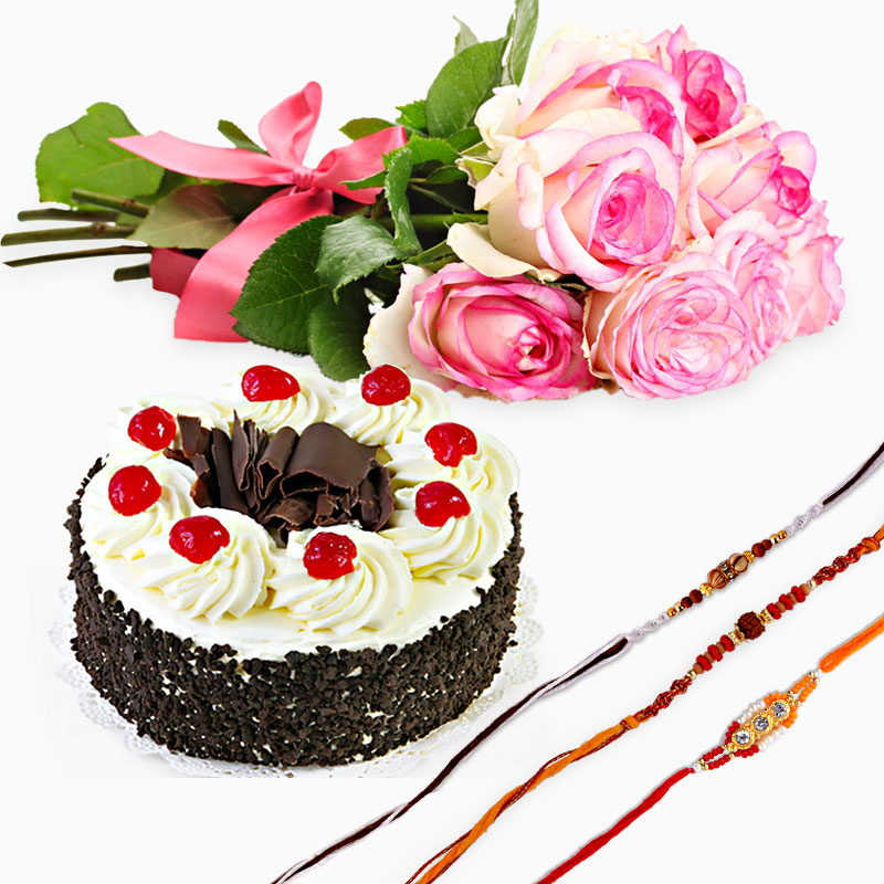 Black Forest Cake with Pink Roses and Three Rakhi
