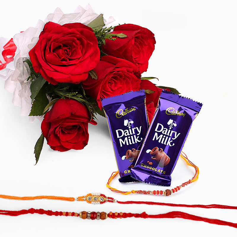 Rakhi with 6 Red Roses and Chocolates