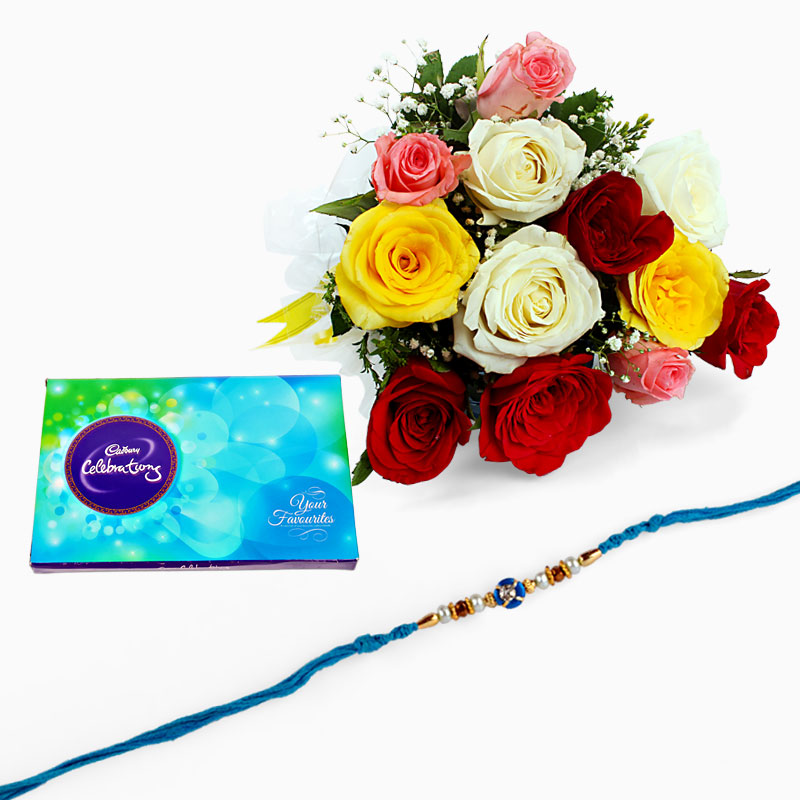 Rakhi with 12 Mix Roses and Chocolate