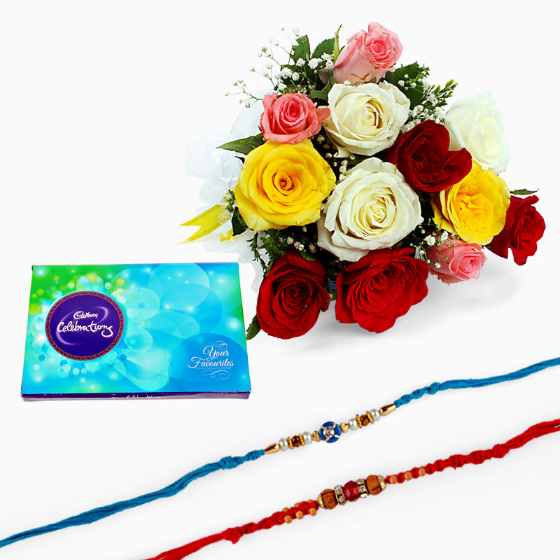 Mix Roses and Chocolate with Set of Two Rakhi
