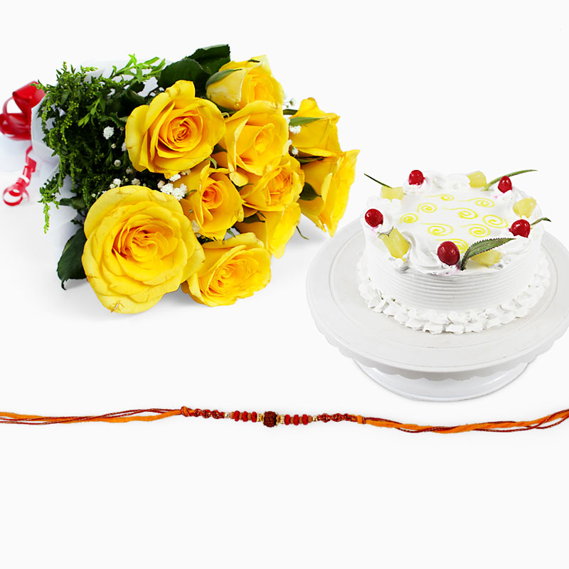 Rakhi with Pineapple Cake and Yellow Roses Bouquet