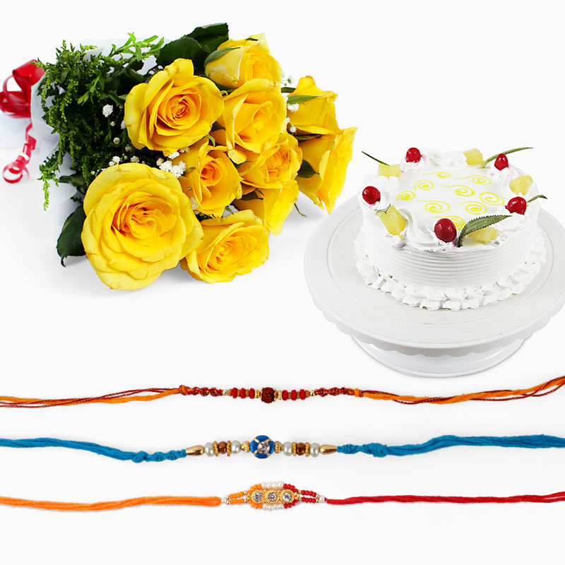 Set of Three Rakhi with Yellow Roses and Cake