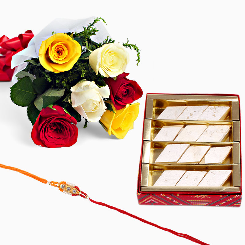 Rakhi with Kaju Katli and Mix Roses Bunch