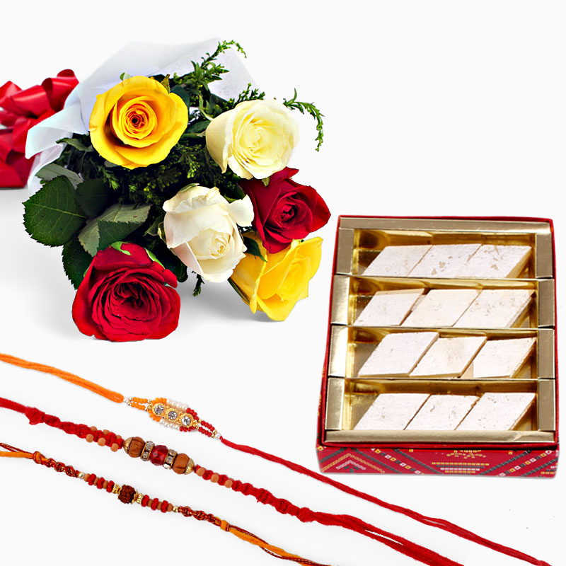 Set of Three Rakhi with Kaju Katli and Mix Roses