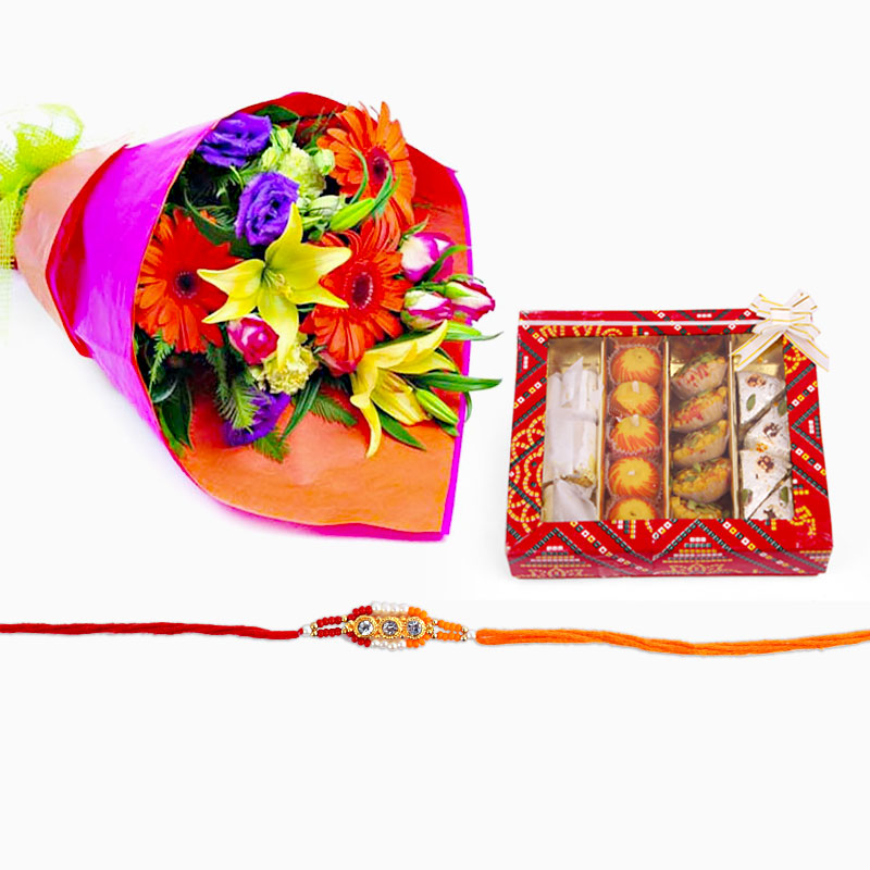 Bouquet of Flowers with Rakhi and Assorted Sweets